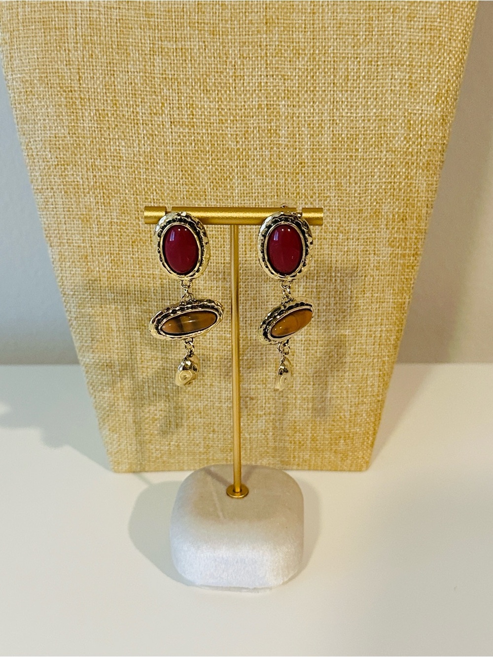 Fashion Jewelry Gold-Tone Red and Brown Dangle Earrings